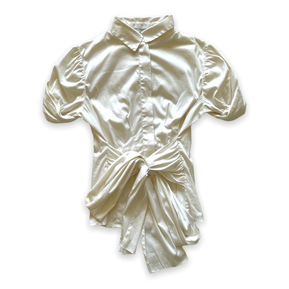 PRADA White Button-Up Blouse with Puff Sleeves and Tie Waist | Size 4 Excellent - Picture 3 of 8